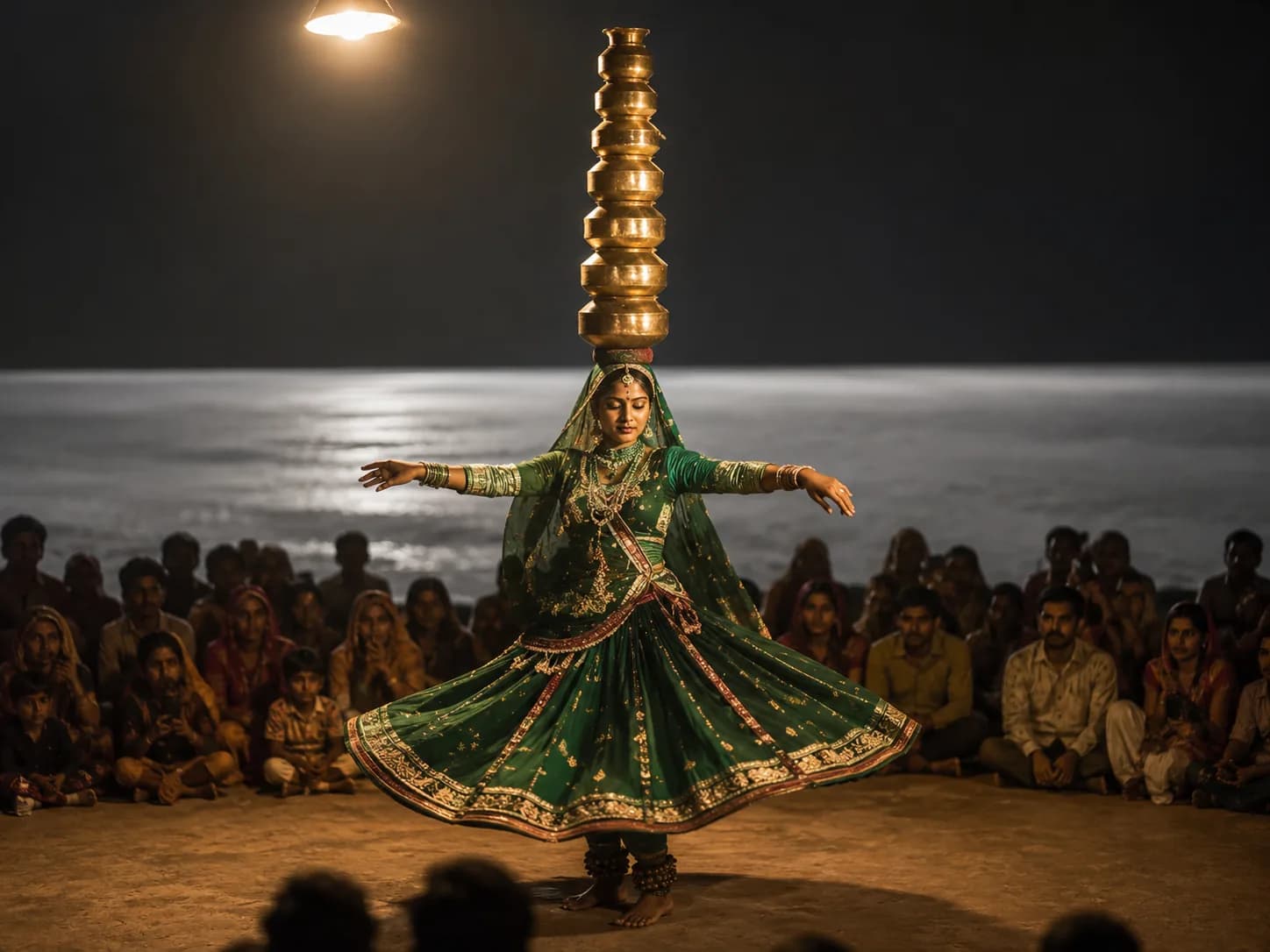 Bhavai dance performance under spotlight at Rann Utsav with balanced brass pots, Gujarat