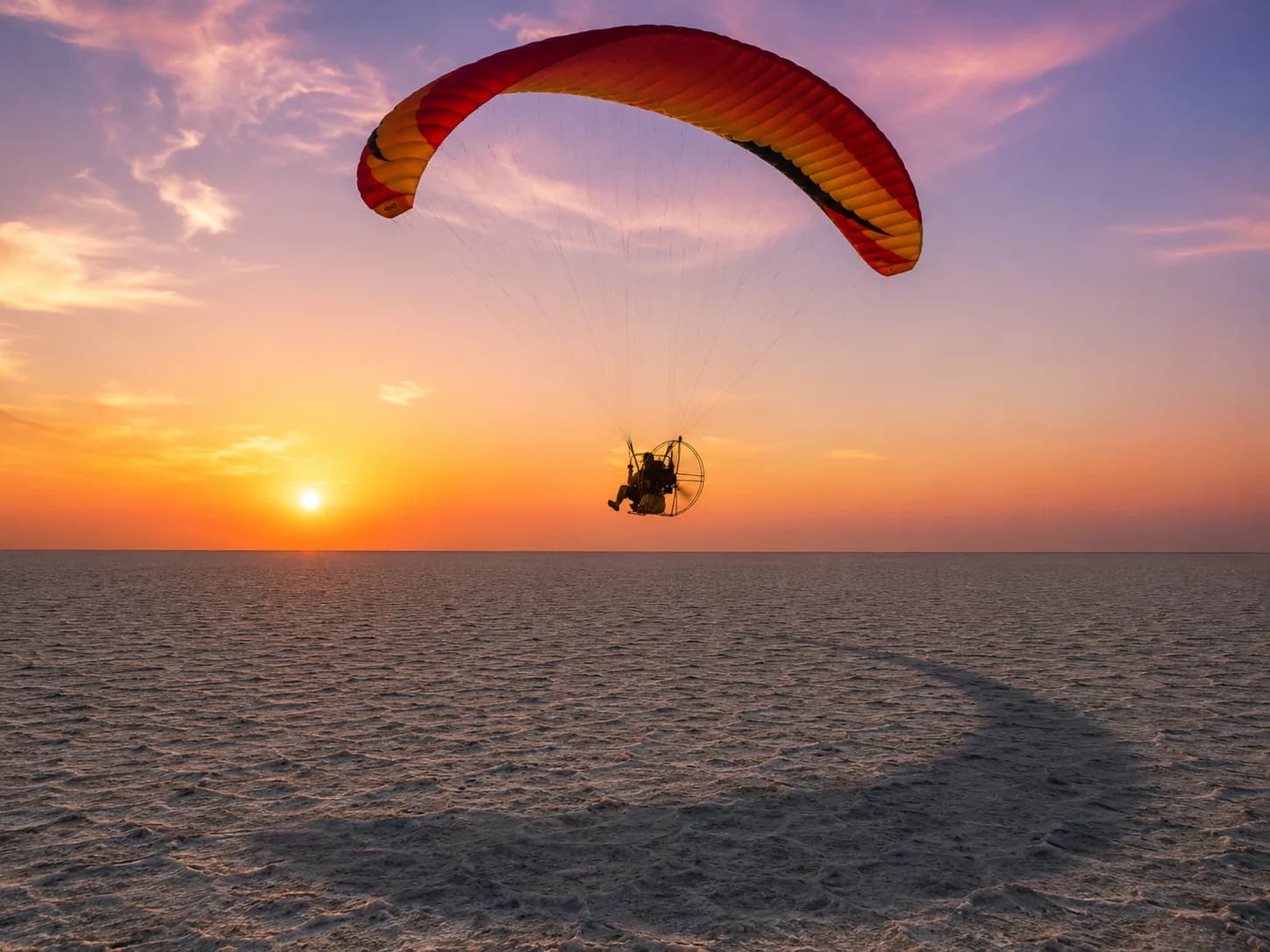 Paramotoring sunrise flight over the White Rann salt desert at Rann Utsav Dhordo, Kutch