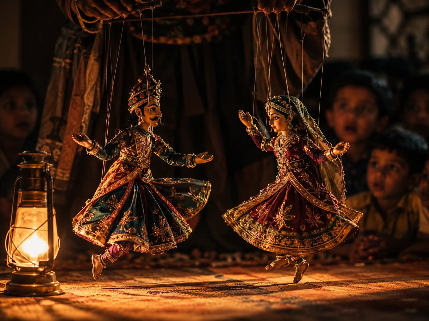 Traditional Kathputli puppet show in warm lantern light at Rann Utsav cultural village, Kutch
