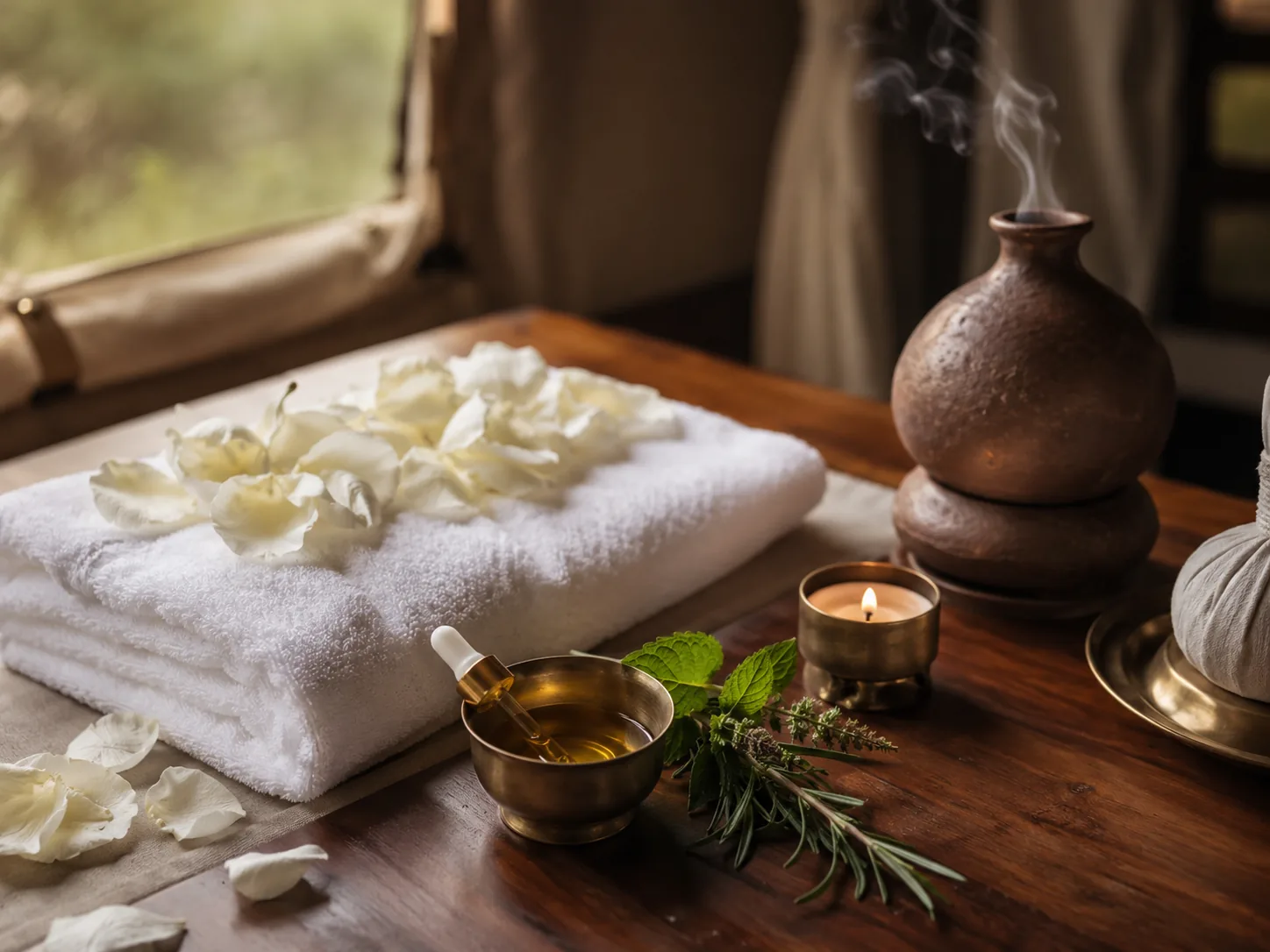 Illustrative wellness still life with a brass bowl, candle and rose petals