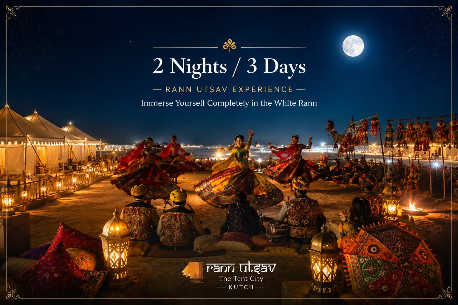 Rann Utsav 2 Nights / 3 Days package — Two nights to explore the White Rann, craft areas and optional activities at a relaxed pace.